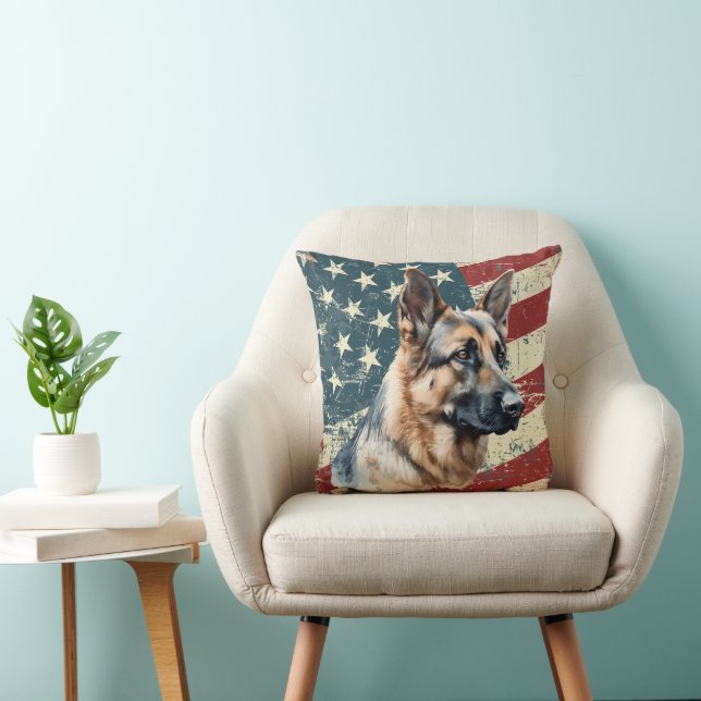 Grunge American Flag German Shepherd Dog Throw Pillow (Chair)