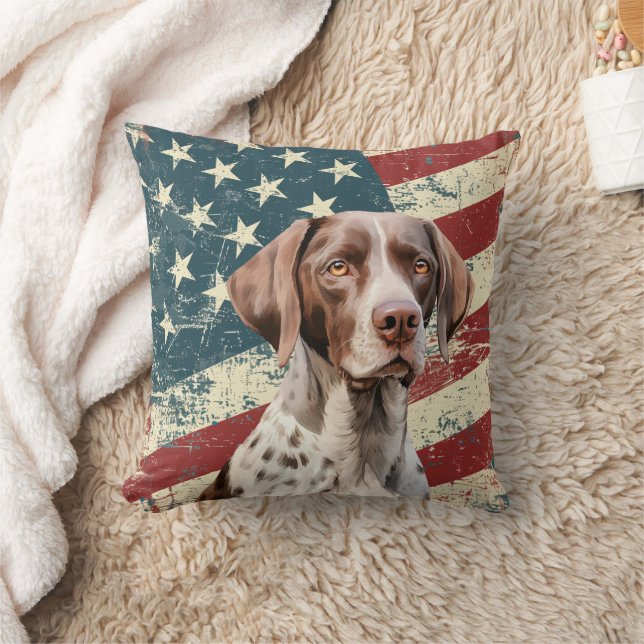 Grunge American Flag German Shorthaired Pointer Throw Pillow (Blanket)