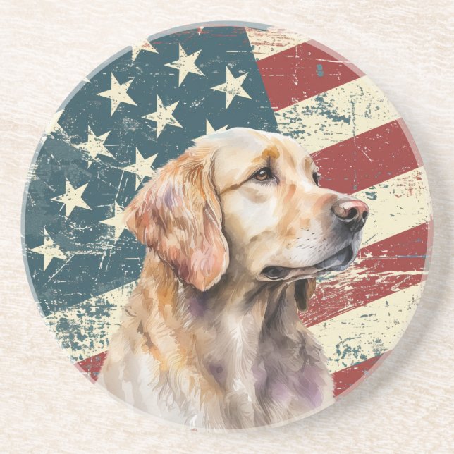 Grunge American Flag Golden Retriever Dog Coaster (Front)