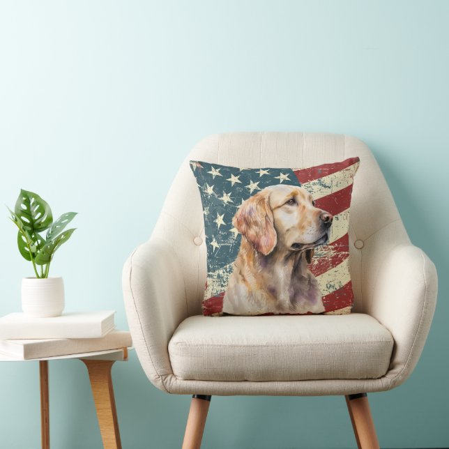 Grunge American Flag Golden Retriever Dog Throw Pillow (Chair)