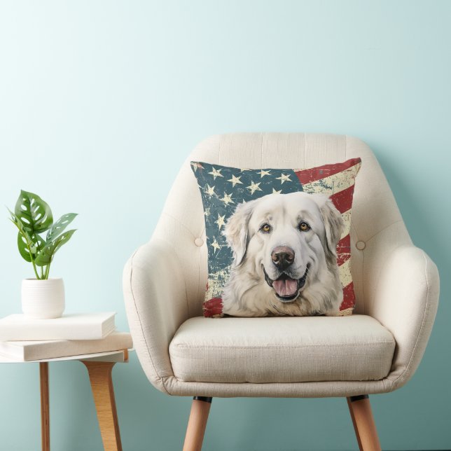Grunge American Flag Great Pyrenees Dog Throw Pillow (Chair)