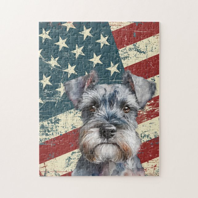 Grunge American Flag Miniature Schnauzer Dog Jigsaw Puzzle (Vertical)