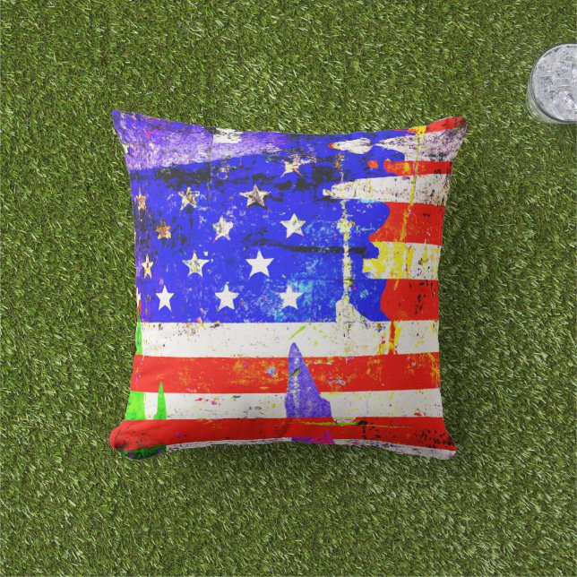 Grunge American Flag Outdoor Pillow (Grass)