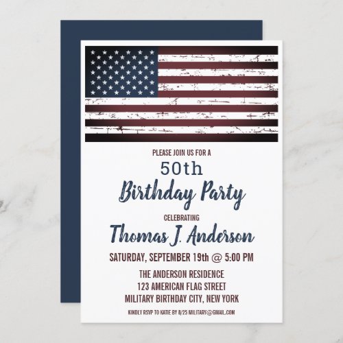 Grunge American Flag Patriotic 50 Birthday Party  Invitation - USA American Flag Birthday Party Invitations. Invite friends and family to your patriotic birthday celebration with these rustic worn American Flag invitations. Personalize this american flag invitation with your event, name, and party details.
See our collection for matching patriotic birthday gifts ,party favors, and supplies. COPYRIGHT © 2021 Judy Burrows, Black Dog Art - All Rights Reserved. Grunge American Flag Patriotic 50 Birthday Party Invitation