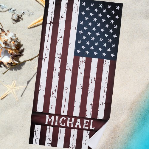 Grunge American Flag Personalized Patriotic Beach Towel
