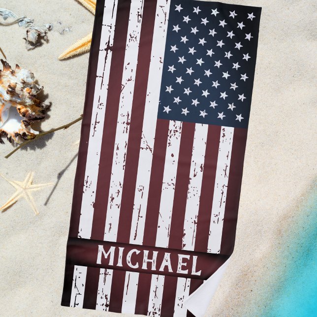 Grunge American Flag Personalized Patriotic Beach Towel (Creator Uploaded)