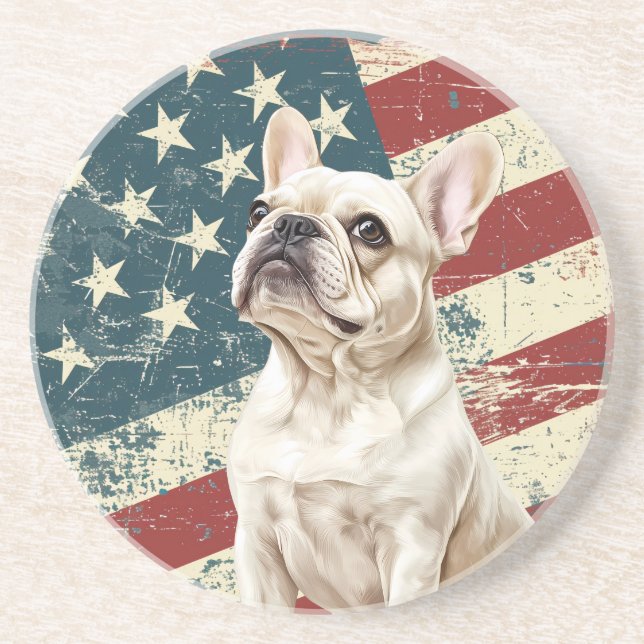 Grunge American Flag White French Bulldog Coaster (Front)