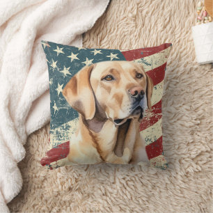 Grunge American Flag Yellow Lab Retriever Dog Throw Pillow