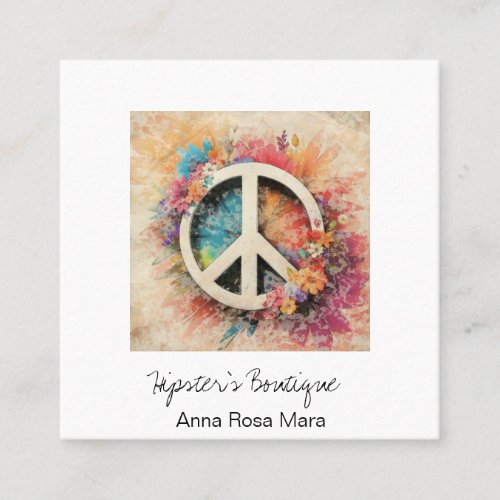  Grunge AP57  Boho QR Peace Symbol Floral Square Business Card
