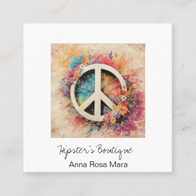 *~* Grunge AP57  Boho QR Peace Symbol Floral Square Business Card (Front)