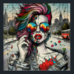 Grunge Art | Fractured Woman Abstract<br><div class="desc">Unique ai art depicting a beautiful modern woman with pink and blue hair,  sunglasses with a reflection of the city,  urban background post-apocalyptic vibes.</div>