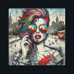 Grunge Art | Fractured Woman Abstract<br><div class="desc">Unique ai art depicting a beautiful modern woman with pink and blue hair,  sunglasses with a reflection of the city,  urban background post-apocalyptic vibes.</div>