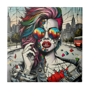 Grunge Art Fractured Woman Abstract Ceramic Tile