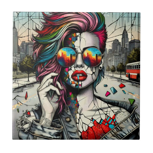 Grunge Art | Fractured Woman Abstract Ceramic Tile (Front)