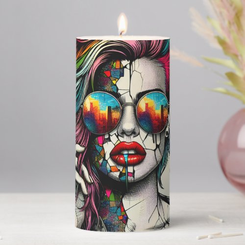Grunge Art  Fractured Woman Abstract Pillar Candle