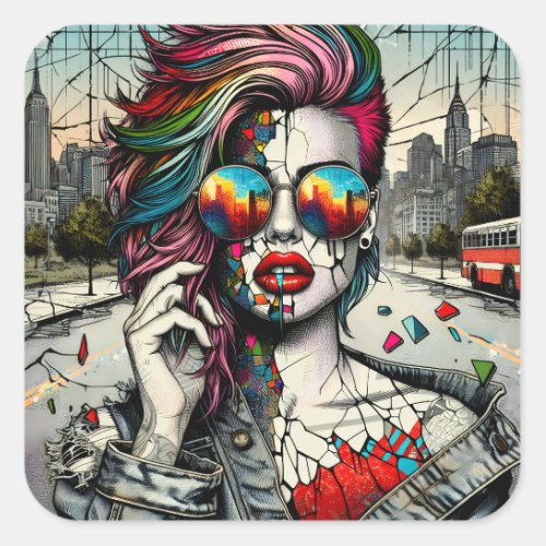 Grunge Art  Fractured Woman Abstract Square Sticker