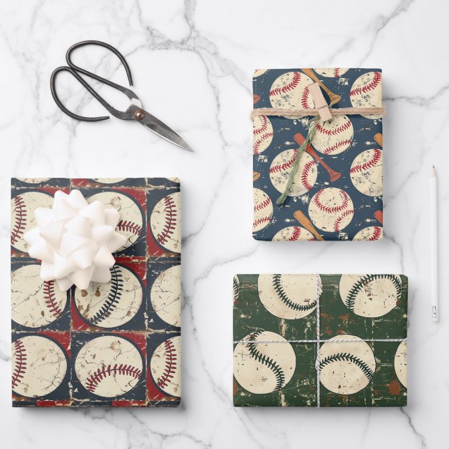 Grunge Baseball Classics 3 Wrapping Paper Sheets (Front)