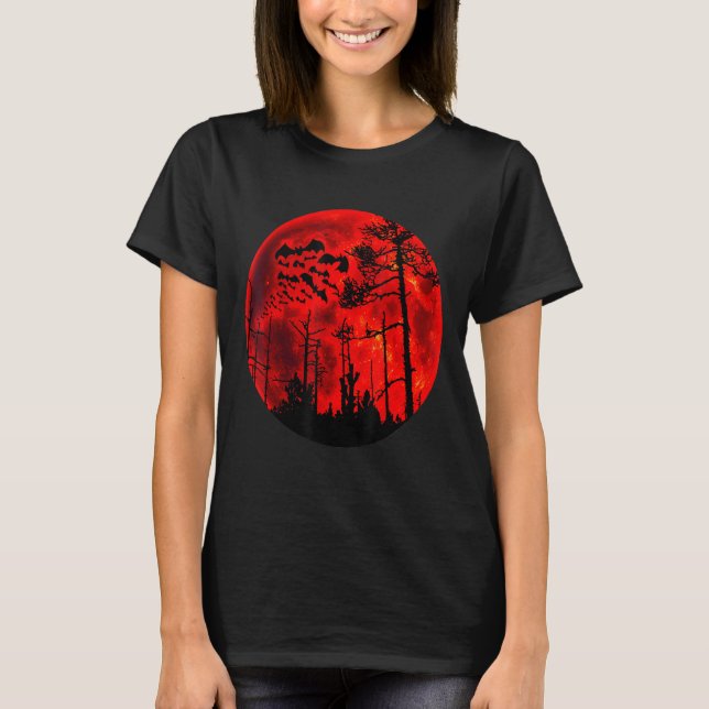 Grunge Bats Flying Gothic Blood Red Moon T-Shirt (Front)