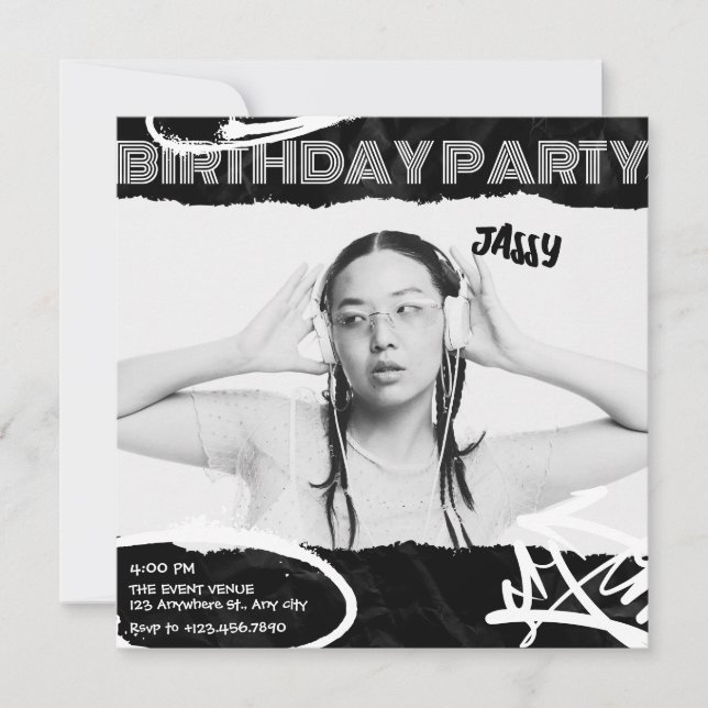 Grunge Black and white art photo birthday Invitation (Front)