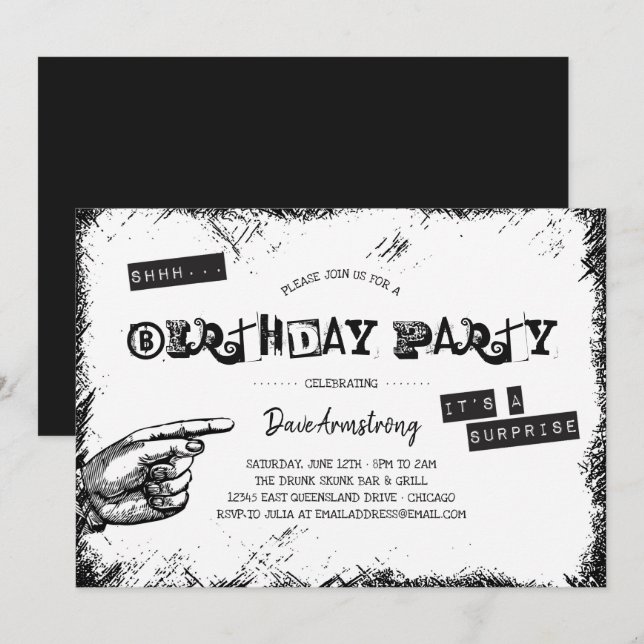 Grunge Black and White Surprise Birthday Party Invitation (Front/Back)