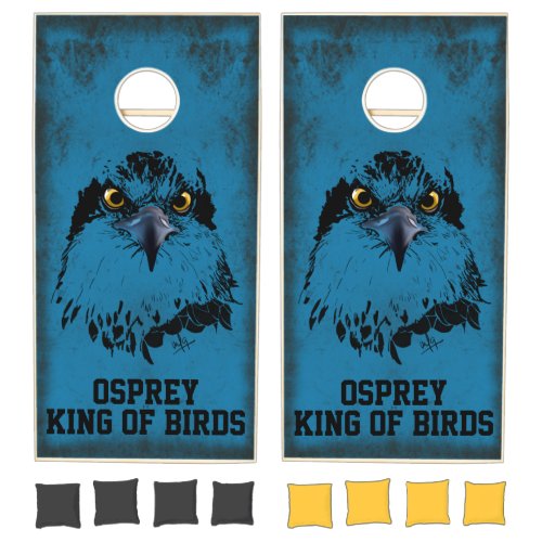 Grunge Black Blue Osprey King of Birds Cornhole Set