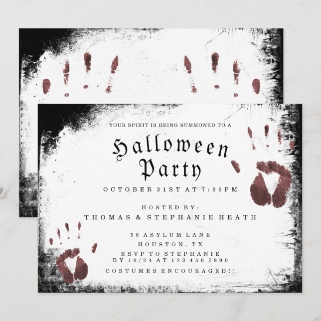 Grunge Bloody Hand Prints Halloween Party Invitation (Front/Back)