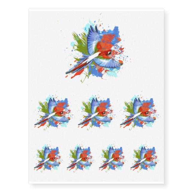 Grunge Blue Bird Paint Splatter Macaw Parrot Temporary Tattoos (Front)