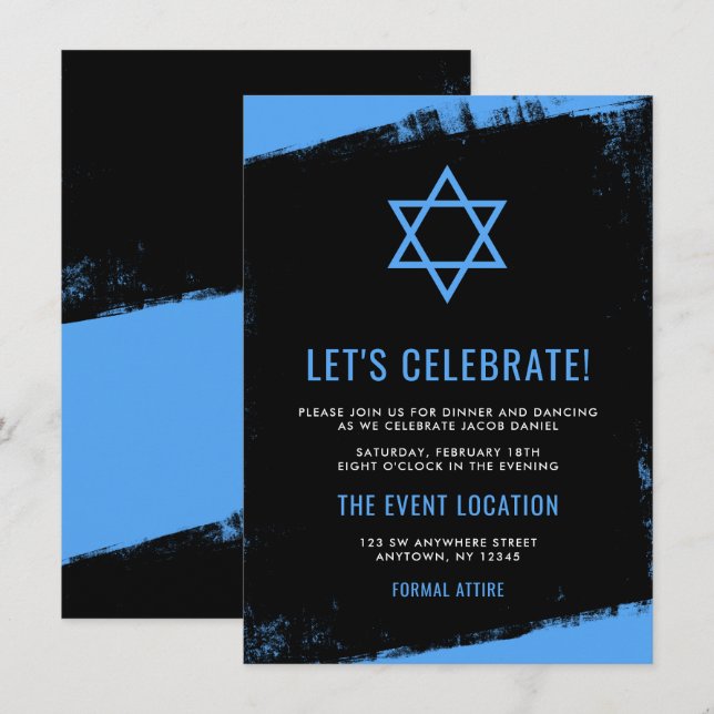 Grunge Blue Black Bar Mitzvah Reception Invitation (Front/Back)
