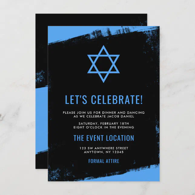 Grunge Blue Black Bar Mitzvah Reception Invitation | Zazzle