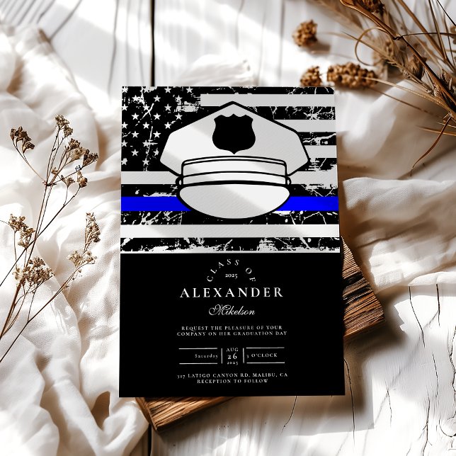 Grunge Blue Line Police Hat Graduation Invitation (Creator Uploaded)