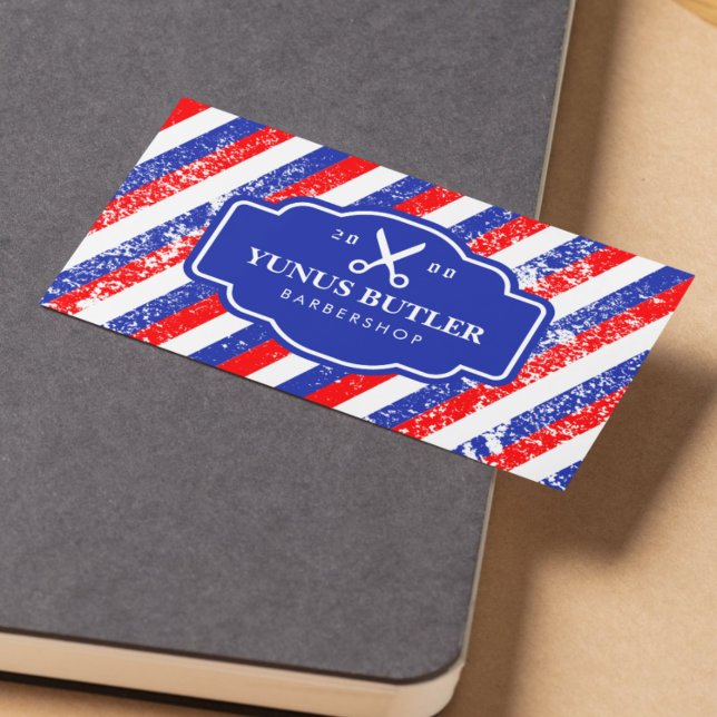 Grunge Blue & Red Stripes Scissor Barbershop  Business Card (Creator Uploaded)