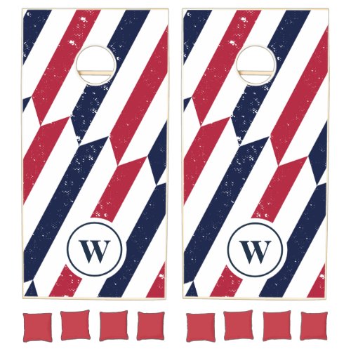 Grunge Blue Red White American Flag Color Monogram Cornhole Set