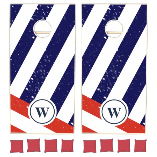 Grunge Blue Red White American Flag Color Monogram Cornhole Set