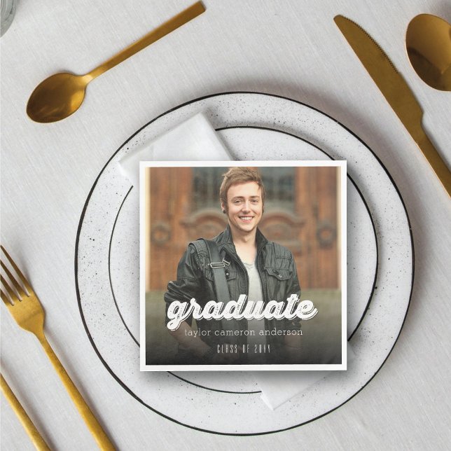 Grunge Bold Graduate Script Photo Graduation Party Paper Napkins (Grunge Bold Graduate Script Photo Modern Graduation Party Paper Napkin @ zazzle.com/color_therapy)