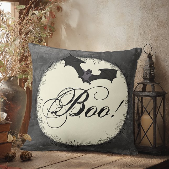 Grunge Boo Halloween Throw Pillow (Halloween throw pillow with distressed moon, bat, and “Boo!” in script, gothic grunge Halloween home)