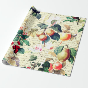 Grunge Botanical Vintage Fruit with Script Wrapping Paper