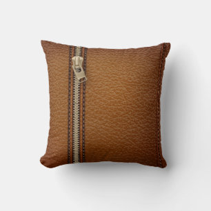grunge bronze zipper brown stitched leather throw pillow