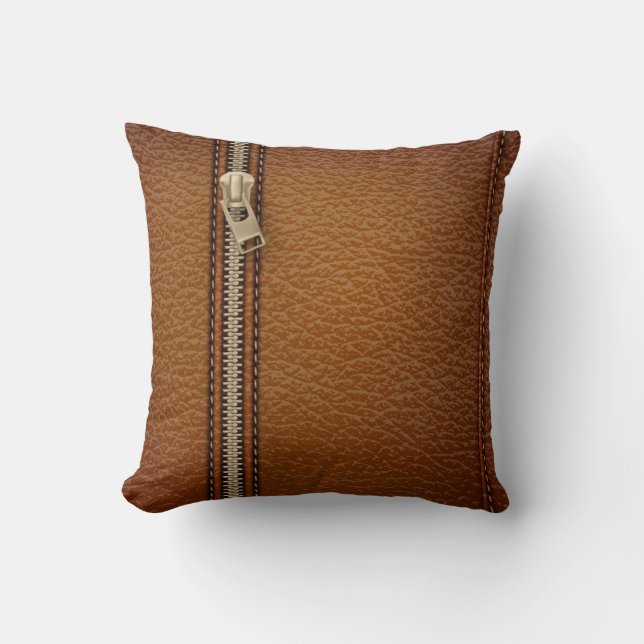 grunge bronze zipper brown stitched leather throw pillow (Front)