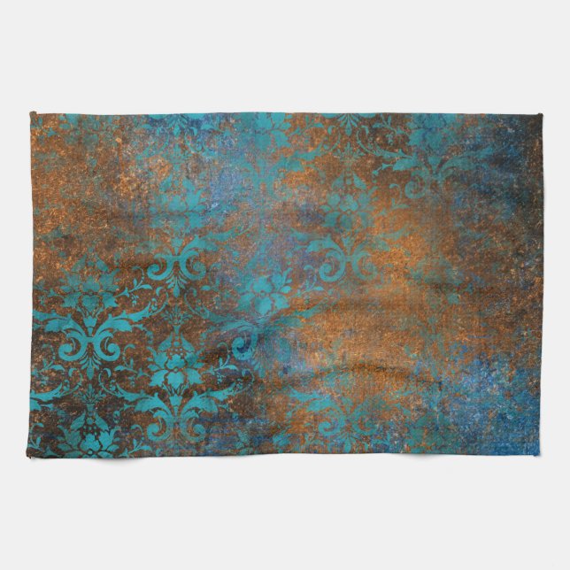 Grunge Brown Blue Floral Decorative Luxury Pattern Kitchen Towel (Horizontal)