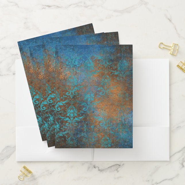 Grunge Brown Blue Floral Decorative Luxury Pattern Pocket Folder (In Situ)