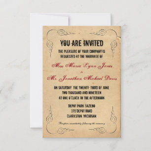 Grunge Brown Paper 3x5 Wedding Invitation Red