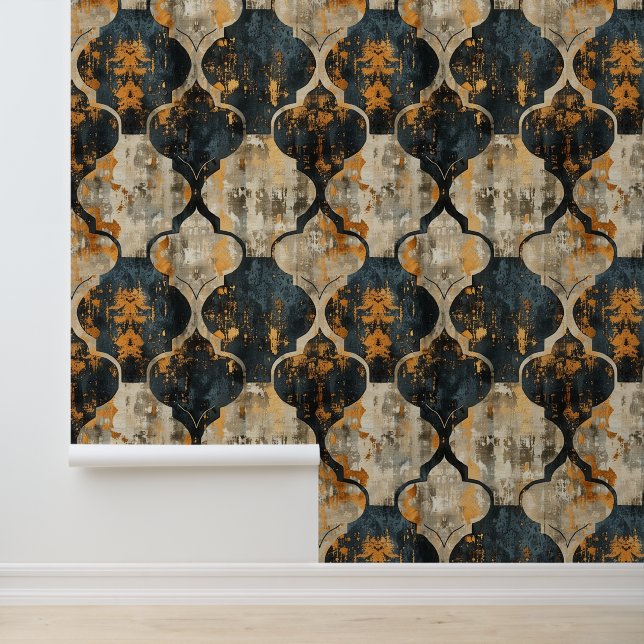 Grunge brush damask pattern in black, beige, brown wallpaper  (Application)