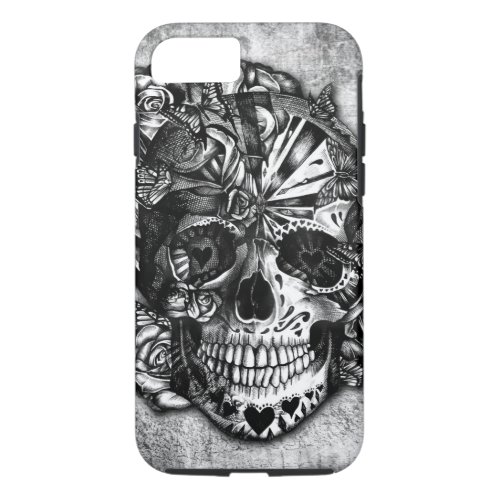 Grunge Candy sugar skull in black and white iPhone 87 Case