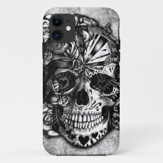 Grunge Candy sugar skull in black and white. iPhone 11 Case