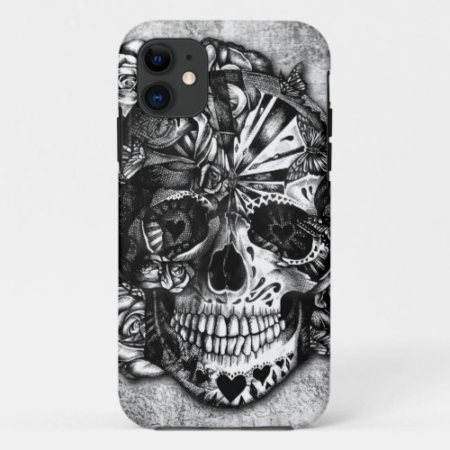 Grunge Candy sugar skull in black and white iPhone 11 Case