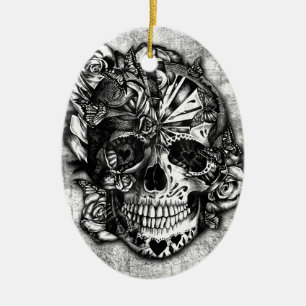Grunge Candy sugar skull in black and white. Ceramic Ornament