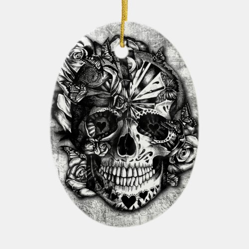 Grunge Candy sugar skull in black and white Ceramic Ornament