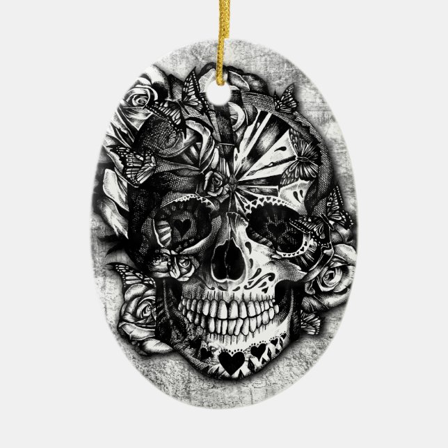 Grunge Candy sugar skull in black and white. Ceramic Ornament (Front)