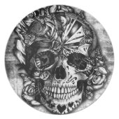 Grunge Candy sugar skull in black and white. Dinner Plate (Front)