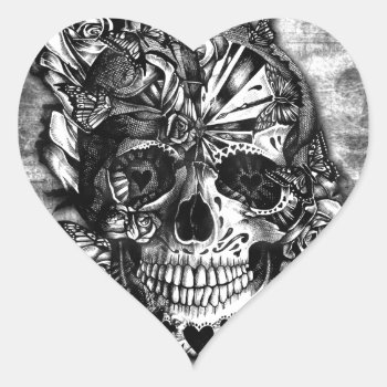 Grunge Candy Sugar Skull In Black And White. Heart Sticker by KPattersonDesign at Zazzle